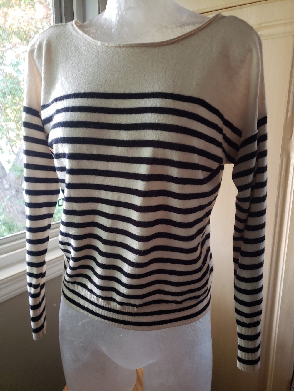 J. Crew Merino Wool Black and Cream Striped Knit Top - Picture 1 of 8